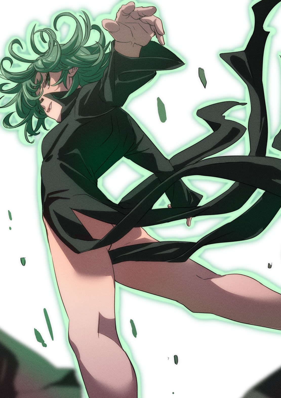 1girl ass aura bare_legs black_dress breasts commentary convenient_censoring curly_hair debris dress feet_out_of_frame floating_hair from_behind from_below fu-ta green_eyes green_hair grin highres kneepits looking_at_viewer no_panties one-punch_man outstretched_arms parted_lips pelvic_curtain short_hair simple_background small_breasts smile solo standing tatsumaki telekinesis thighs white_background