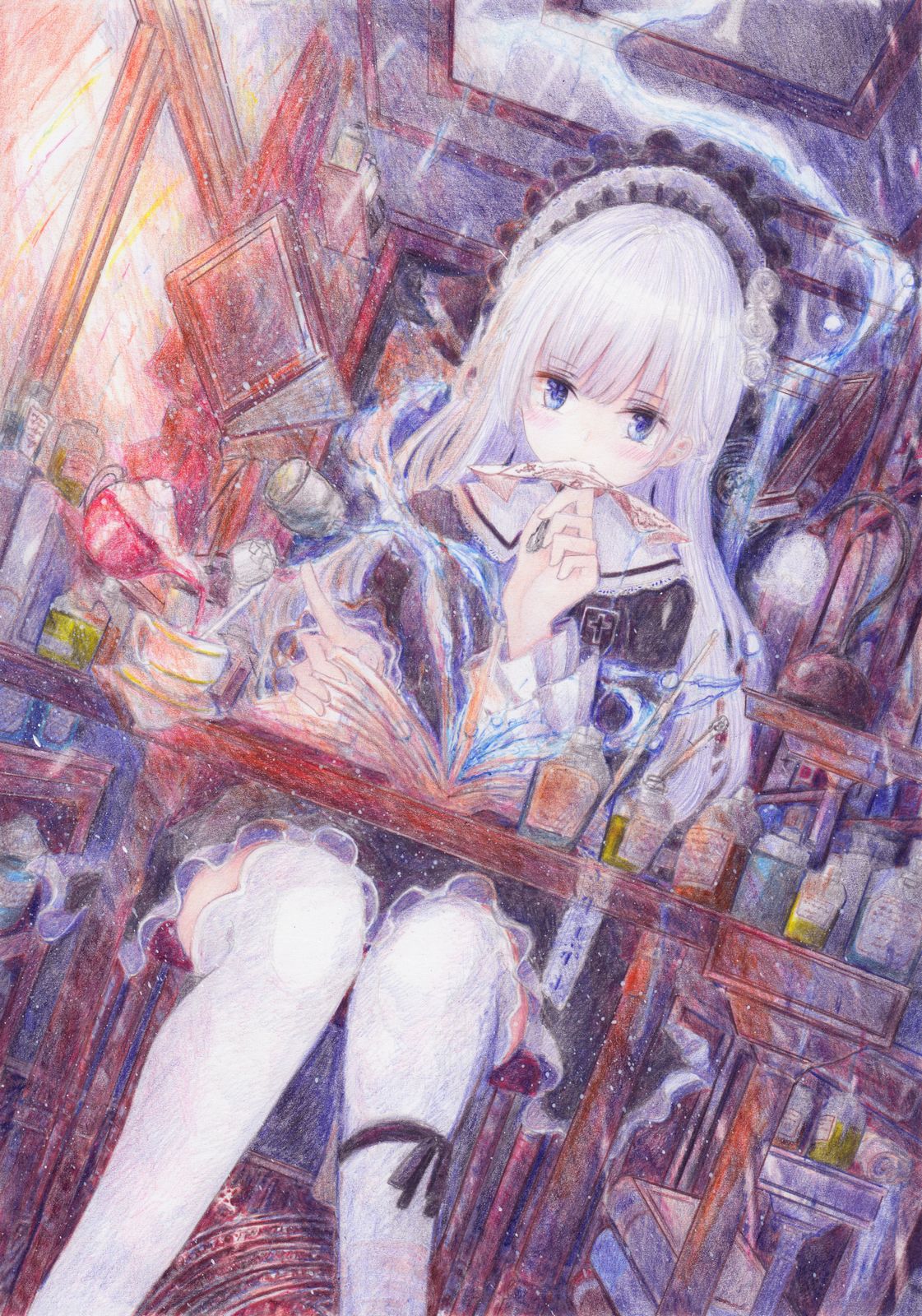 1girl black_dress blue_eyes blush book chair colored_pencil_(medium) darkkanan desk dress eyes_visible_through_hair frilled_dress frills gothic_lolita graphite_(medium) hairband highres indoors lolita_fashion lolita_hairband long_hair magical_girl original pinafore_dress scenery sitting solo thigh-highs traditional_media watercolor_(medium) white_hair white_legwear