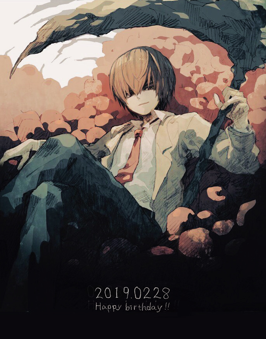 1boy blue_pants brown_hair brown_jacket closed_mouth crossed_legs dated death_note english_text feet_out_of_frame fingernails happy_birthday holding holding_scythe jacket ka_(marukogedago) long_sleeves looking_at_viewer male_focus necktie open_clothes open_jacket pants red_eyes red_neckwear school_uniform scythe shirt short_hair sitting smile solo white_shirt yagami_light