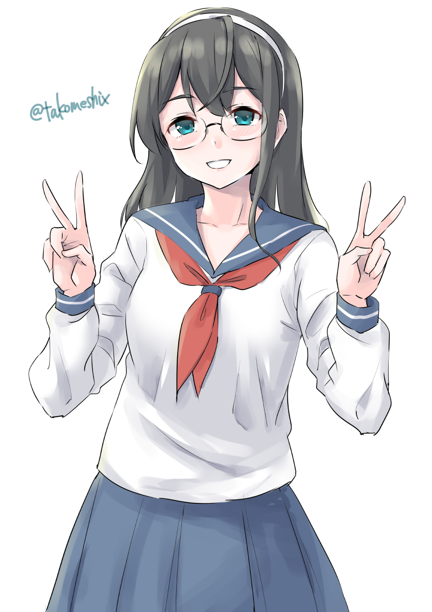 1girl black_hair blue_eyes blue_sailor_collar blue_skirt blush collarbone double_v glasses hair_between_eyes hairband highres kantai_collection long_hair long_sleeves neckerchief ooyodo_(kantai_collection) pleated_skirt red_neckwear sailor_collar school_uniform serafuku simple_background skirt smile solo takomeshi twitter_username v white_background white_hairband