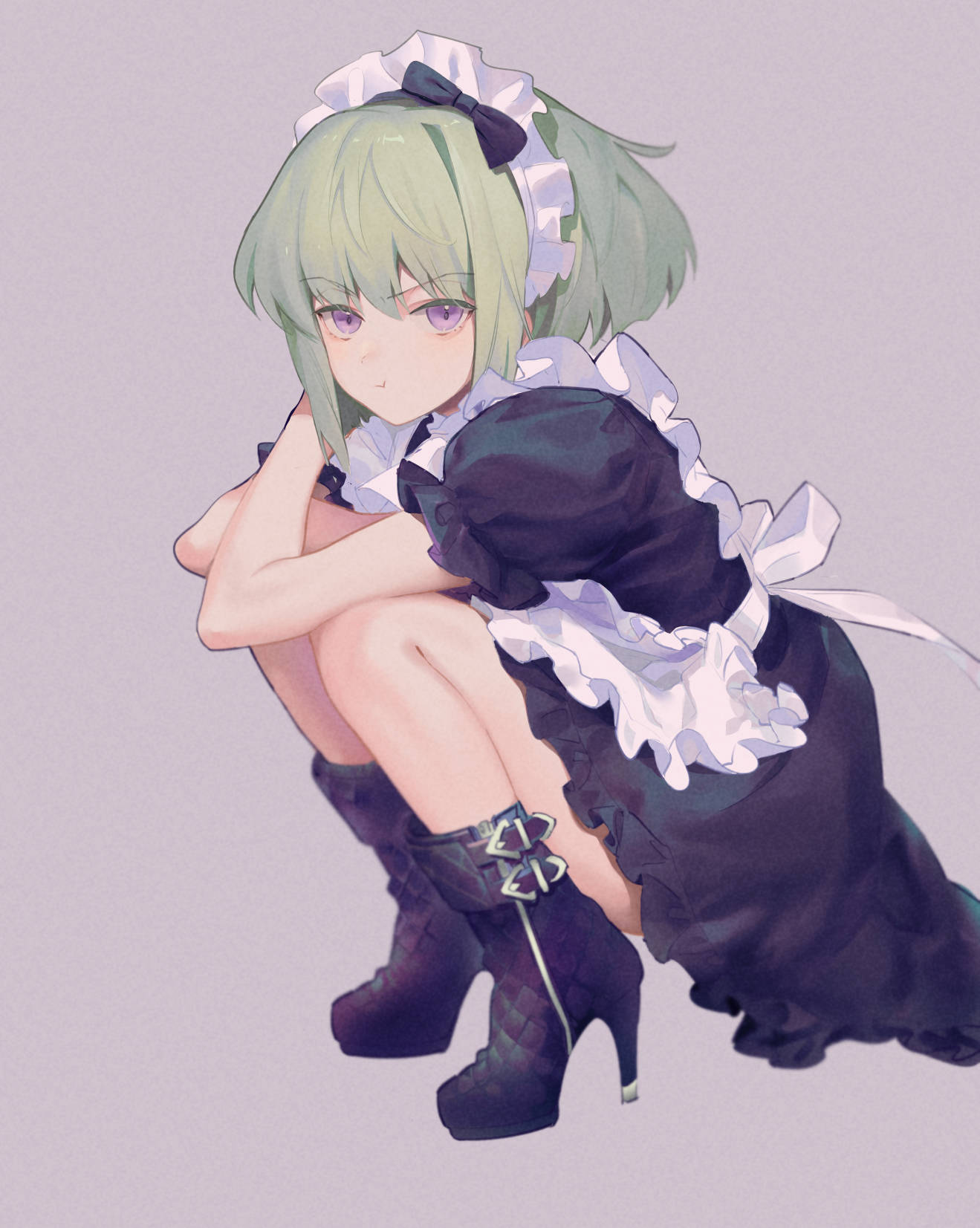 1boy :t apron bangs bare_arms bare_legs belt_boots black_bow boots bow crossdressinging crossed_arms dress eyebrows_visible_through_hair frilled_apron frilled_dress frills full_body green_hair hair_bow high_heel_boots high_heels highres lio_fotia maid maid_headdress male_focus otoko_no_ko promare purple_background rice_(rice8p) short_hair short_sleeves sidelocks simple_background solo squatting violet_eyes
