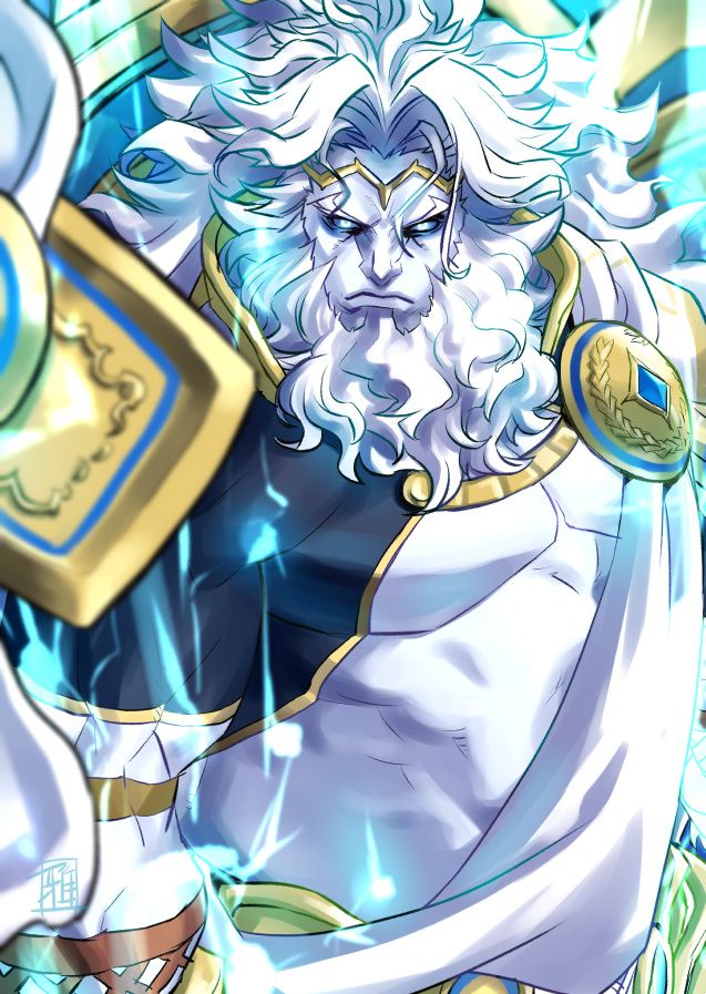 1boy abs arabagi bara bare_chest beard chest circlet facial_hair fate/grand_order fate_(series) forehead glowing glowing_eyes greek_clothes hair_intakes lightning long_hair male_focus manly muscle no_pupils pale_skin short_hair shrug_(clothing) solo upper_body white_hair zeus_(fate/grand_order)