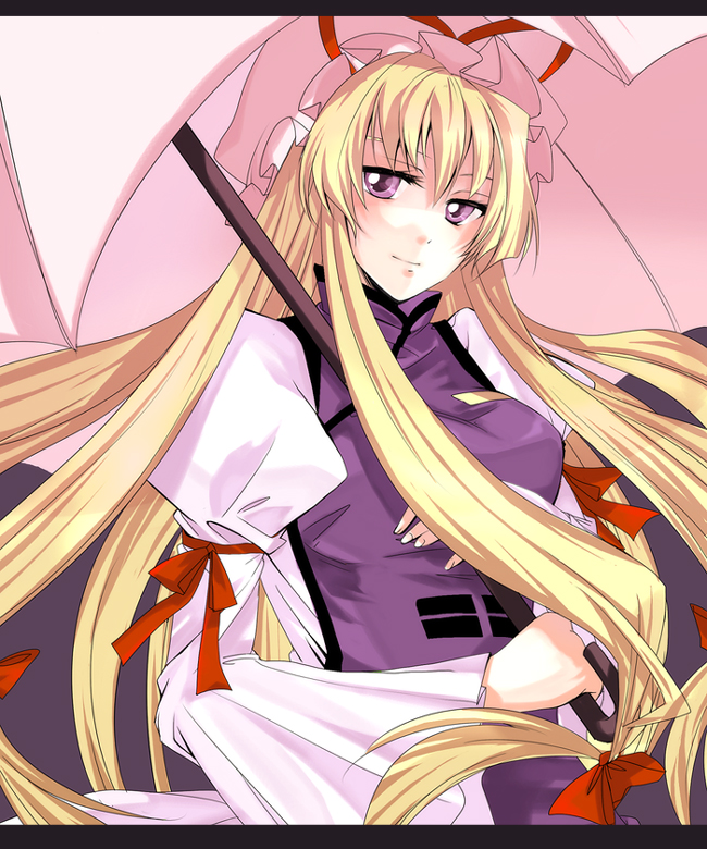 blonde_hair hat long_hair ribbon ribbons sasai_saki touhou umbrella yakumo_yukari