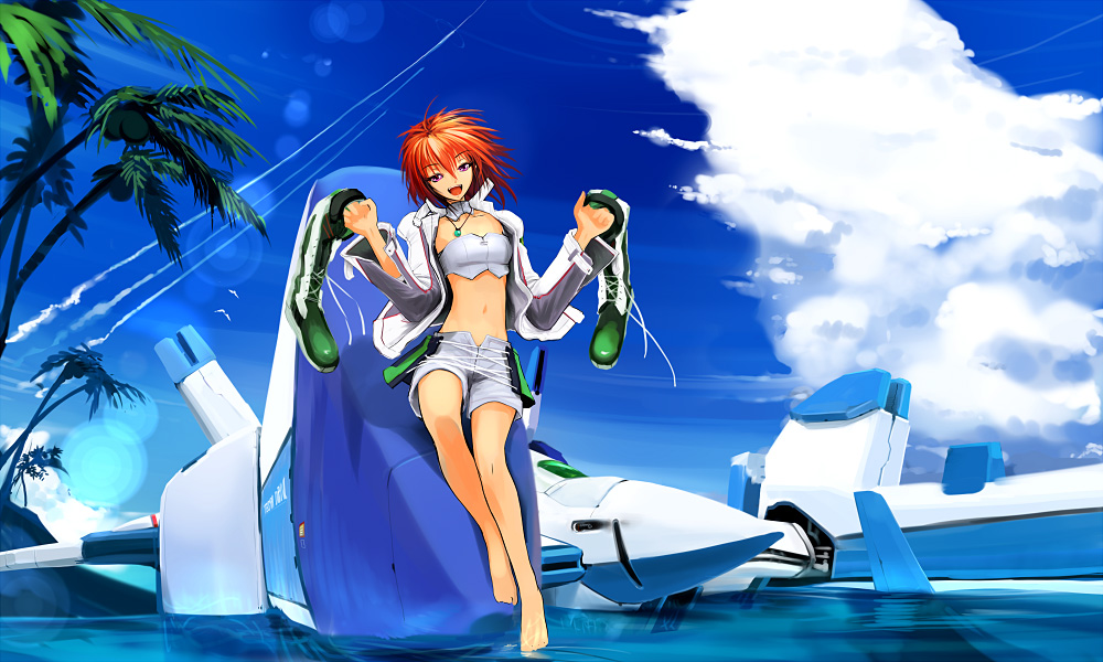 airplane astelion barefoot boots cloud clouds holding holding_shoes ibis_douglas mecha midriff ocean palm_tree palm_trees red_hair redhead science_fiction scifi sea shorts sky super_robot_wars tree