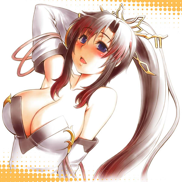 blush breasts cleavage dress endless_frontier huge_breasts infinite_frontier long_hair multicolored_hair nanbu_kaguya ponytail seki_suzume solo strapless_dress super_robot_wars super_robot_wars_og_saga_mugen_no_frontier two-tone_hair two_tone_hair