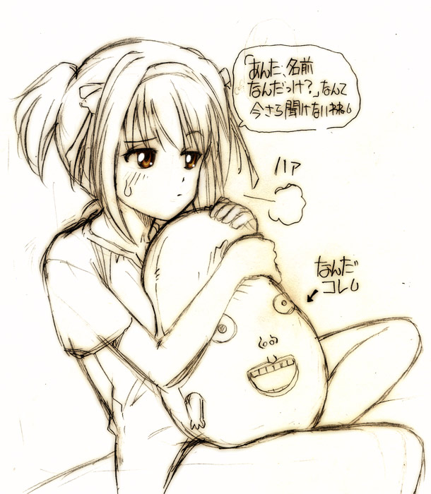 hairband kikumaru_bunta monochrome plush sigh sketch stuffed_animal stuffed_toy suzumiya_haruhi suzumiya_haruhi_no_yuuutsu thinking translated translation_request