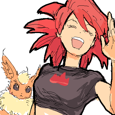 1girl artist_request asuna_(pokemon) babydoll_t-shirt closed_eyes crop_top fire flannery flareon gym_leader happy lowres open_mouth pokemon pokemon_(creature) pokemon_(game) pokemon_rse red_hair rokon smile