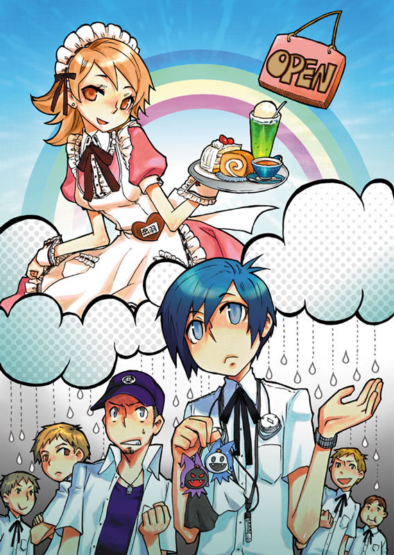 arisato_minato black_frost brown_hair cloud dessert dress drink food iori_junpei jack_frost maid persona persona_3 rain rainbow ribbon short_hair takeba_yukari tomochika_kenji