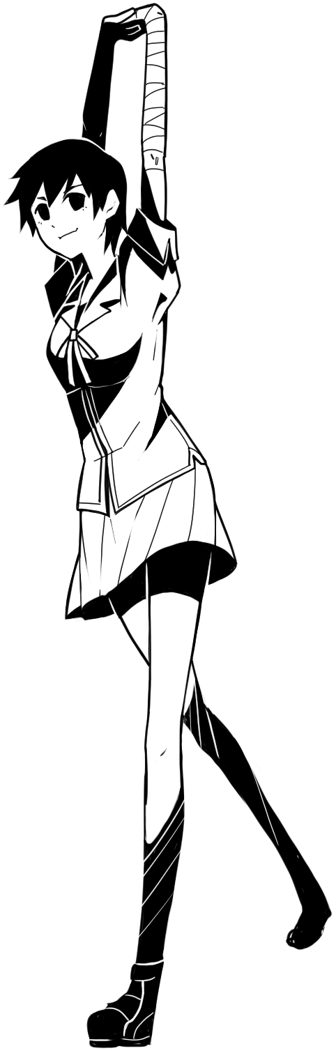 1girl bakemonogatari bandaged_arm bandages highres monochrome monogatari_(series) naoetsu_high_school_uniform pleated_skirt school_uniform short_hair skirt solo transparent_background wibubox