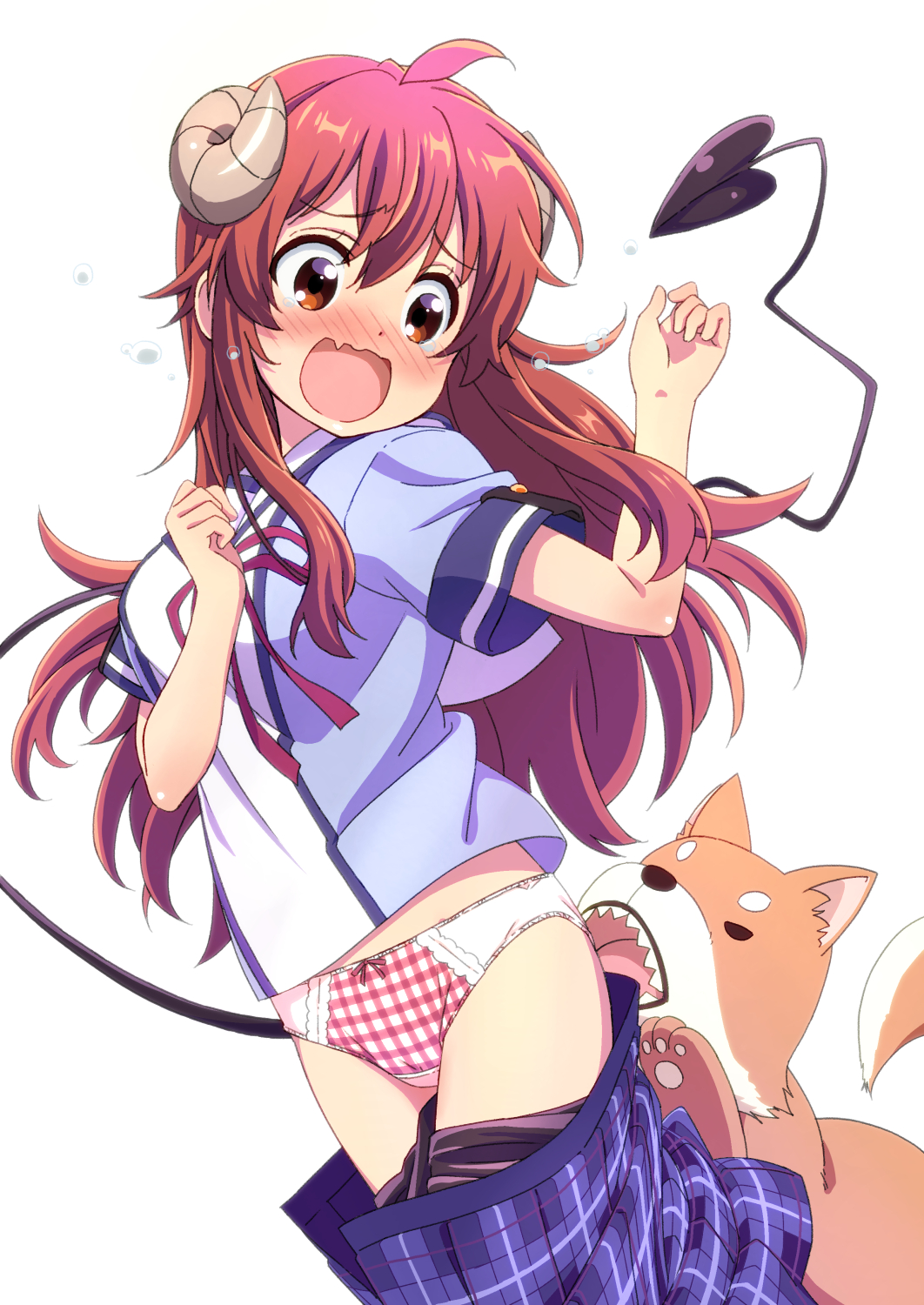 1girl ahoge animal assisted_exposure bangs black_legwear blush brown_eyes commentary_request curled_horns demon_tail dog eyebrows_visible_through_hair fang flying_teardrops hair_between_eyes highres horns long_hair machikado_mazoku miyajima_hitoshi nose_blush open_mouth panties pantyhose pantyhose_pull plaid plaid_skirt redhead school_uniform short_sleeves simple_background skin_fang skirt skirt_pull solo tail underwear white_background yoshida_yuuko_(machikado_mazoku)