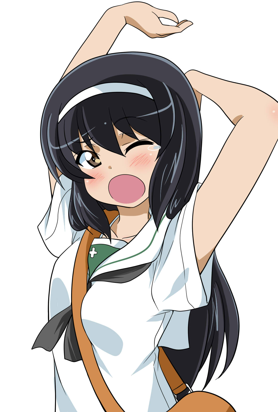 1girl arms_up bag bangs between_breasts black_hair black_neckwear blouse breasts brown_eyes carrying commentary eyebrows_visible_through_hair girls_und_panzer hairband highres long_hair looking_at_viewer neckerchief one_eye_closed ooarai_school_uniform open_mouth reizei_mako sailor_collar satchel school_uniform serafuku short_sleeves simple_background solo standing stretch summer_uniform tearing_up upper_body wakku_kan white_background white_blouse white_hairband white_sailor_collar yawning