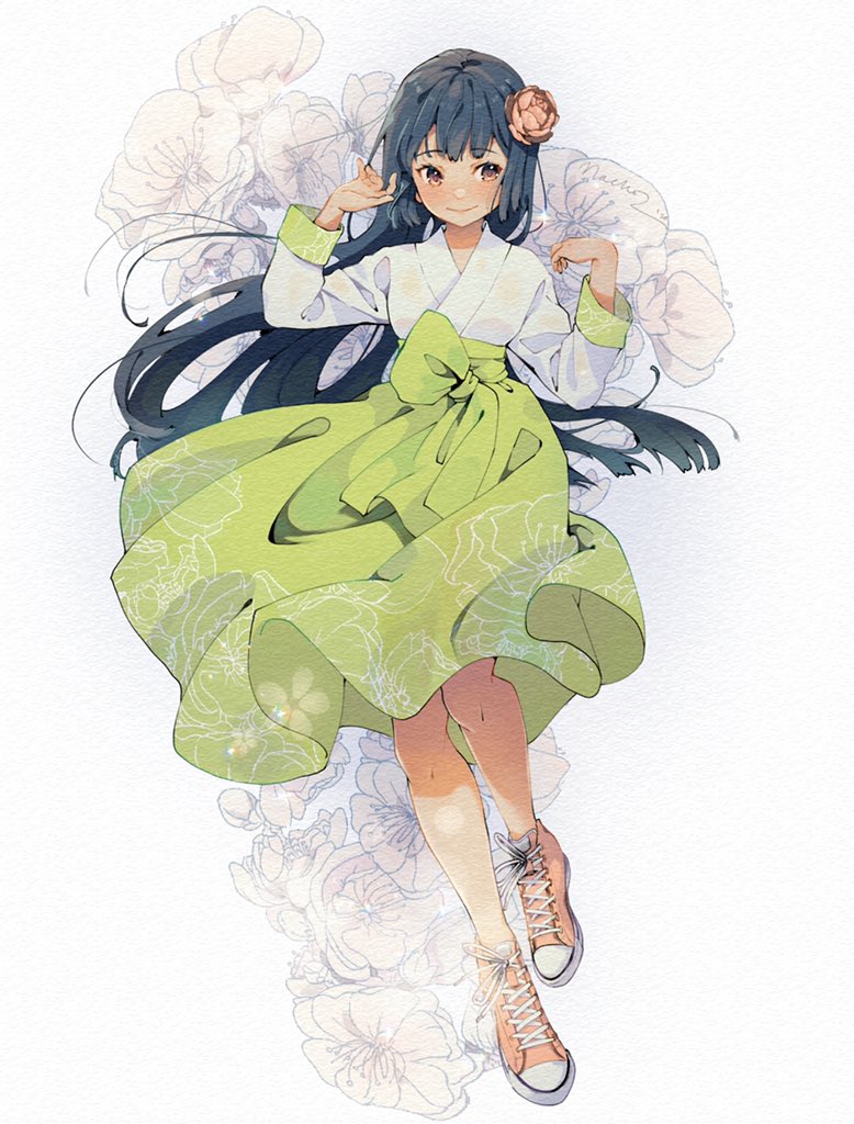 1girl bangs black_hair blush floating_hair flower full_body green_skirt hanbok hands_up korean_clothes long_hair long_sleeves nachozarts orange_footwear original red_flower shoes skirt solo standing white_background white_flower wind yellow_eyes