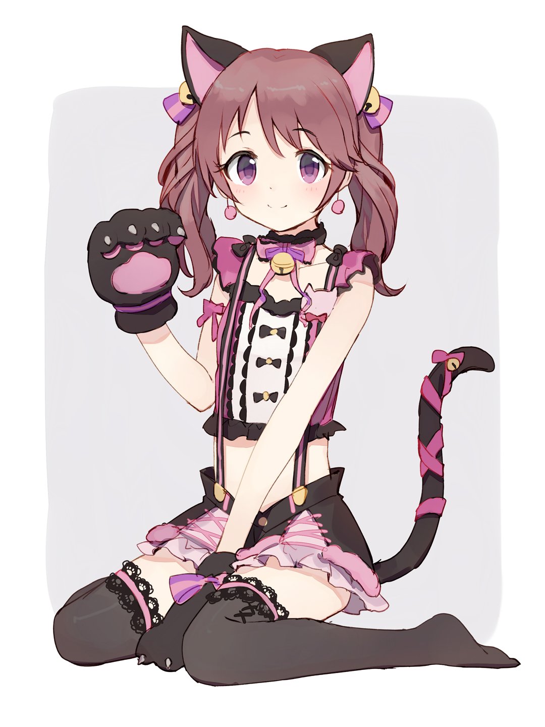 1girl animal_ears bare_arms bell between_legs black_legwear brown_hair cat_ears cat_tail character_request earrings eyebrows_visible_through_hair full_body gloves hair_bell hair_ornament hand_between_legs hand_up highres idolmaster jewelry jingle_bell long_hair looking_at_viewer paw_gloves paws ribbon shone simple_background sitting smile solo suspenders tail tail_ribbon thigh-highs twintails violet_eyes