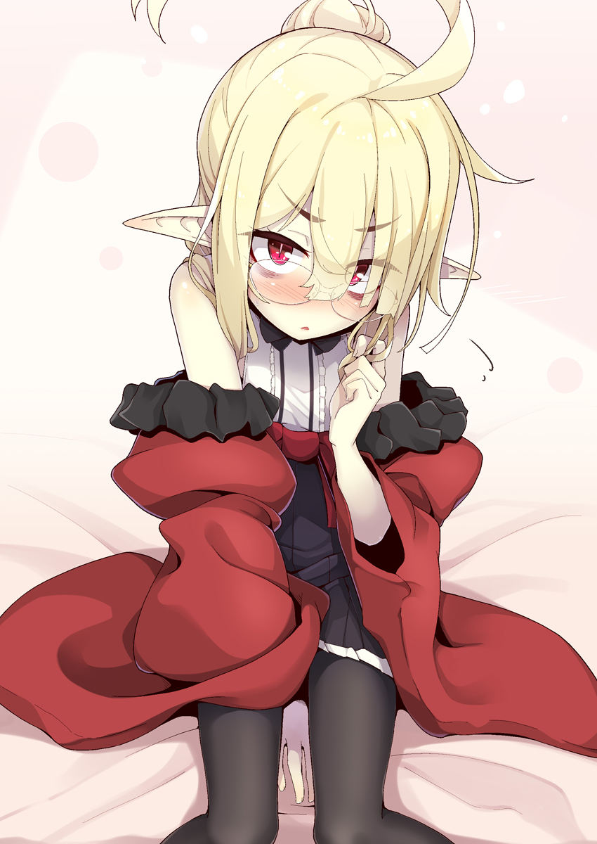 1girl ahoge airi_(ogami_kazuki) bangs bare_shoulders bed_sheet between_legs black_legwear black_skirt blonde_hair blush center_frills commentary_request eyebrows_visible_through_hair frills glasses hair_between_eyes hair_bun hand_between_legs hand_up high-waist_skirt highres jacket long_hair looking_at_viewer off_shoulder ogami_kazuki original pantyhose parted_lips pleated_skirt pointy_ears red_eyes red_jacket shirt sitting skirt sleeveless sleeveless_shirt slit_pupils solo white_shirt