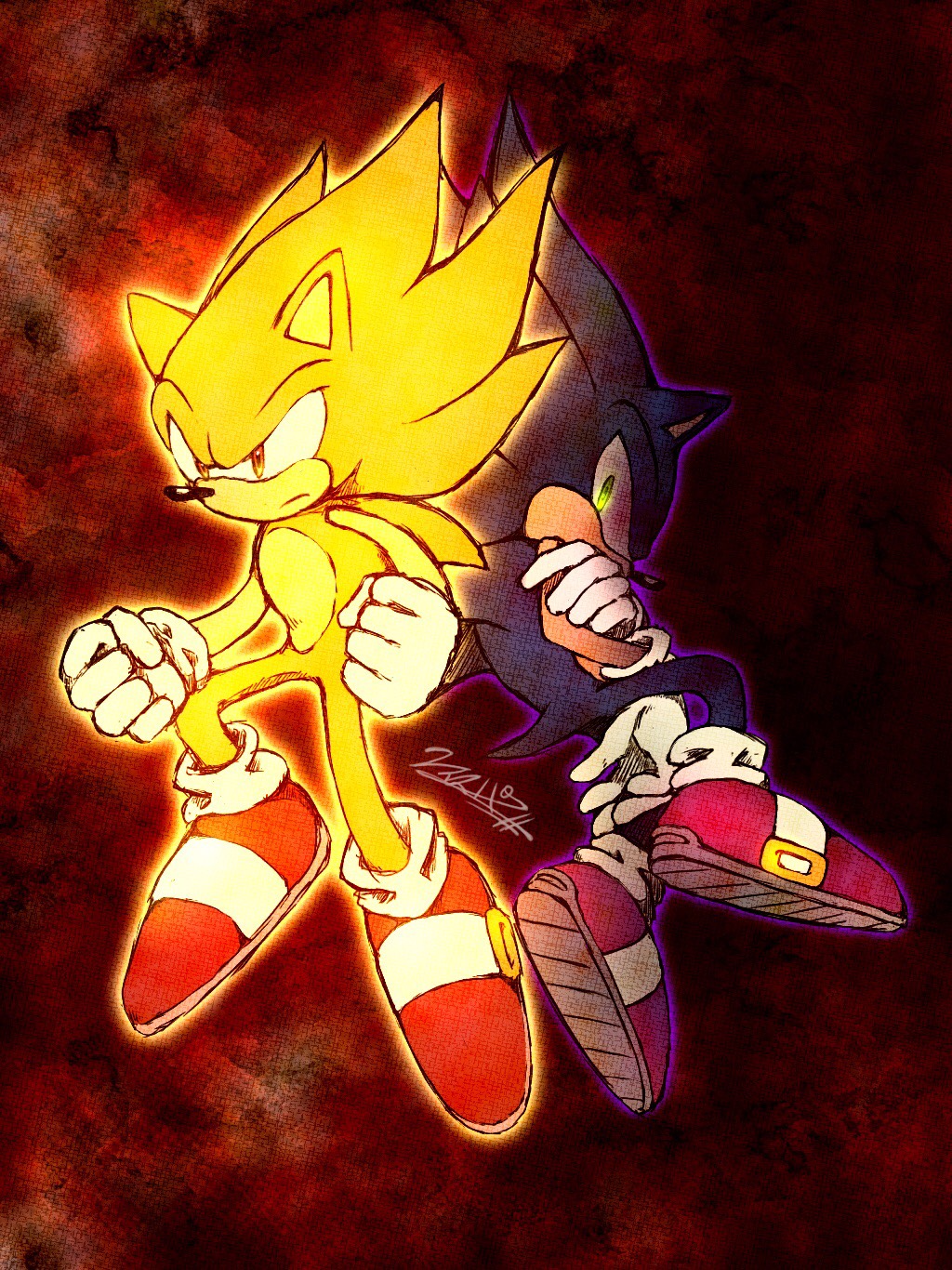 2boys aura clenched_hands commentary_request dark_persona dual_persona floating gloves glowing glowing_eyes green_eyes highres male_focus multiple_boys orange_eyes red_footwear serious shoes signature sneakers sonic sonic_the_hedgehog super_sonic white_gloves yuisupa