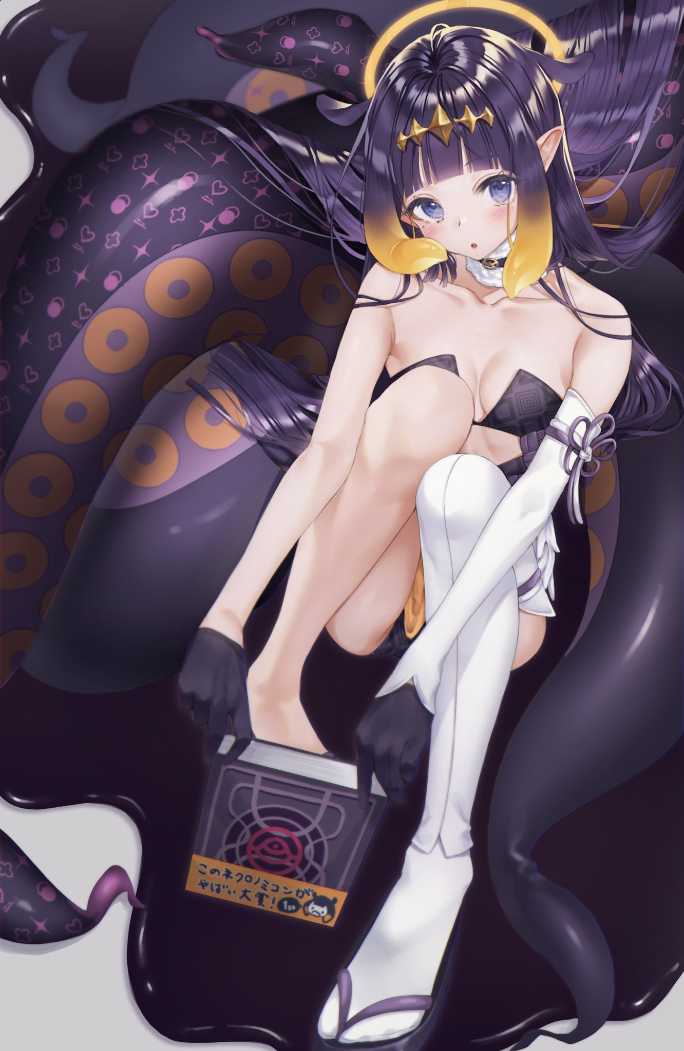 1girl bangs black_dress black_gloves blue_eyes blunt_bangs blush book breasts dress fur_collar gloves halo highres holding holding_book hololive hololive_english holomyth long_hair looking_at_viewer mole mole_under_eye monster_girl ninomae_ina'nis parted_lips pointy_ears poko_(user_nyfd7873) purple_hair single_thighhigh small_breasts solo tentacle_hair tentacles thigh-highs virtual_youtuber