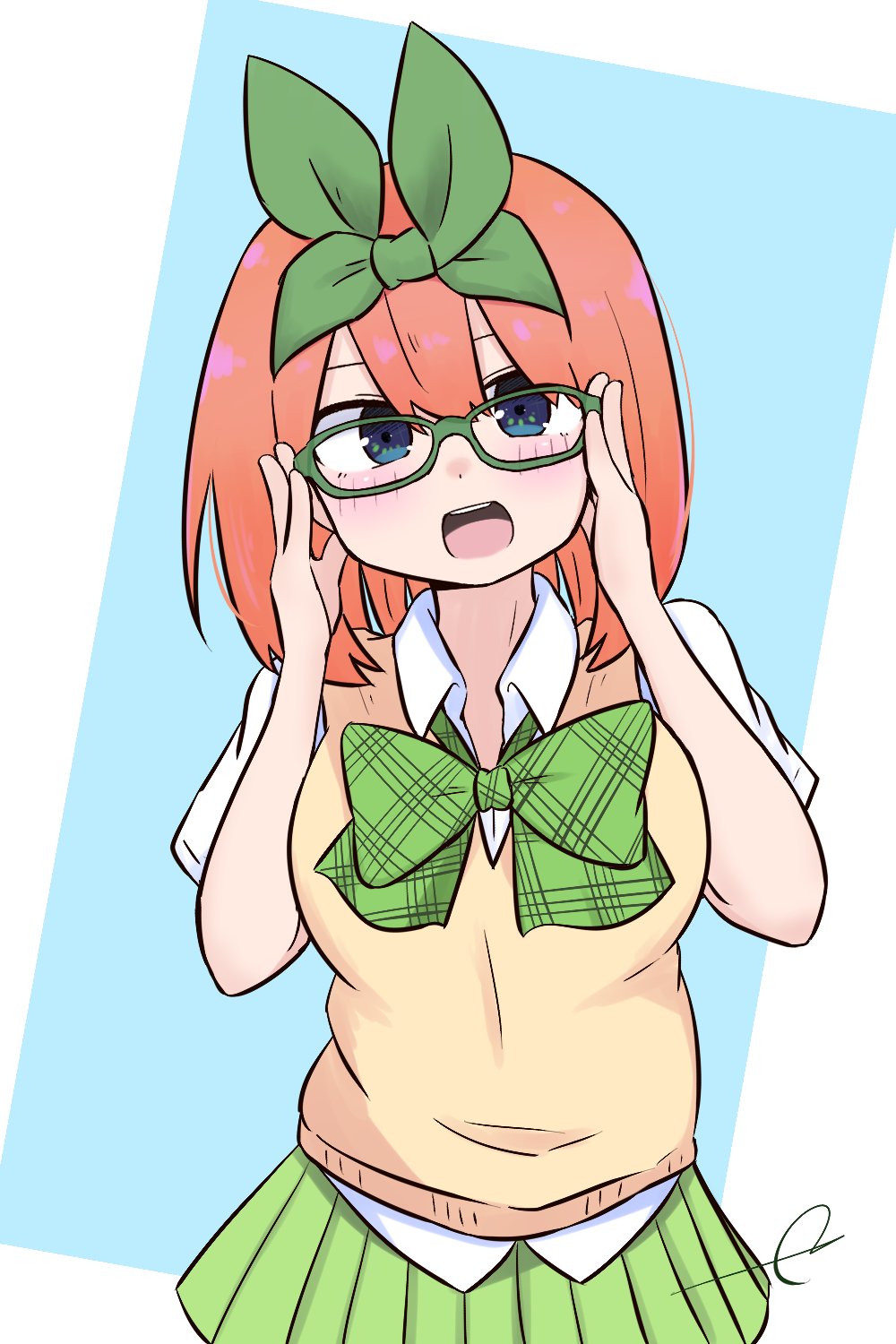 1girl :d bangs bespectacled blue_background blue_eyes blush bow breasts collared_shirt commentary_request eyebrows_behind_hair glasses go-toubun_no_hanayome green-framed_eyewear green_bow green_ribbon green_skirt hair_between_eyes hair_ribbon hands_up highres kujou_karasuma medium_breasts nakano_yotsuba open_mouth orange_hair pleated_skirt ribbon shirt short_sleeves signature skirt smile solo sweater_vest two-tone_background upper_teeth white_background white_shirt