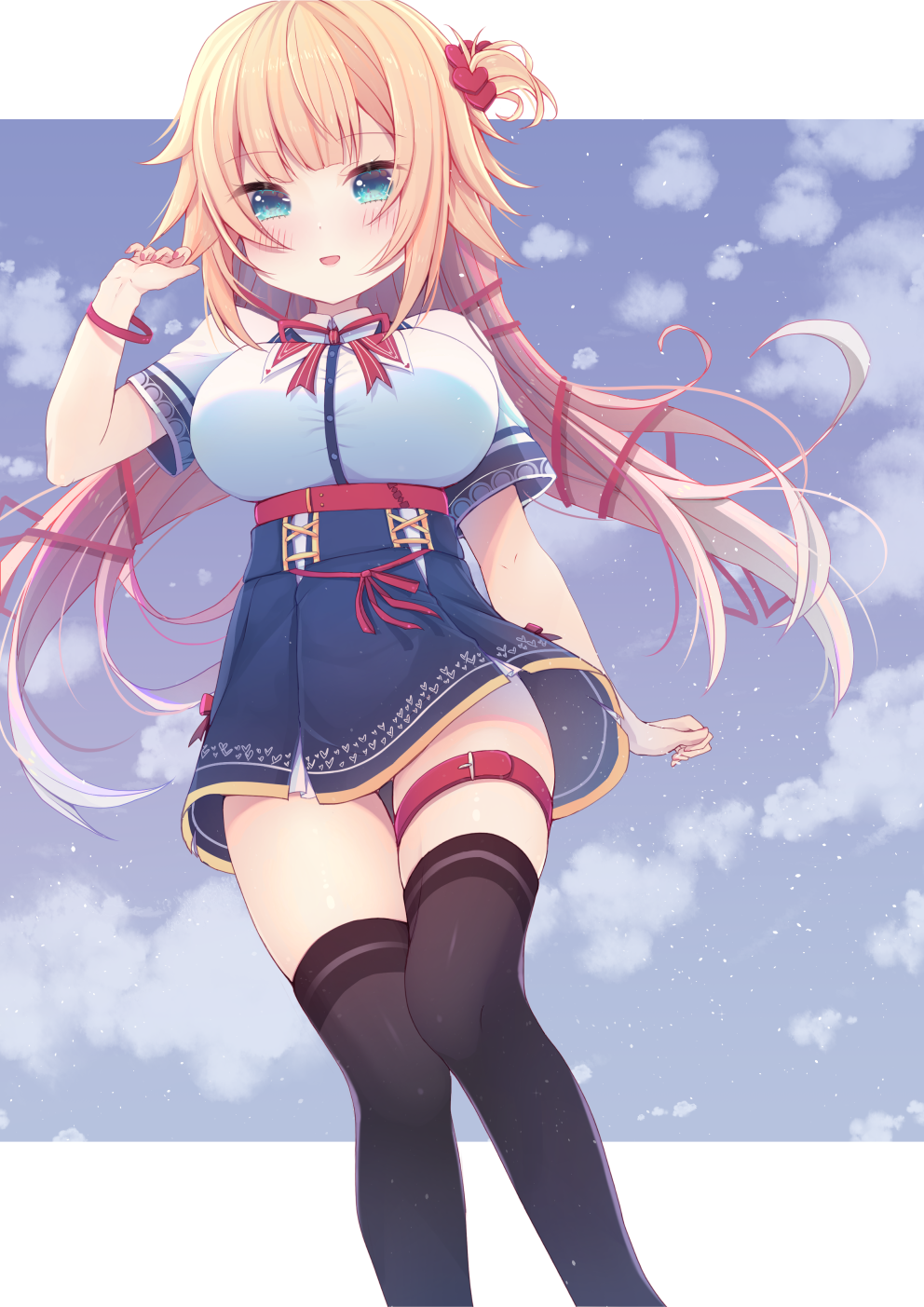 1girl akai_haato black_legwear blonde_hair blue_eyes blue_sky blush breasts clouds hair_ornament heart highres hololive large_breasts limepantsu long_hair looking_at_viewer open_mouth sky thigh-highs thigh_strap tied_hair virtual_youtuber