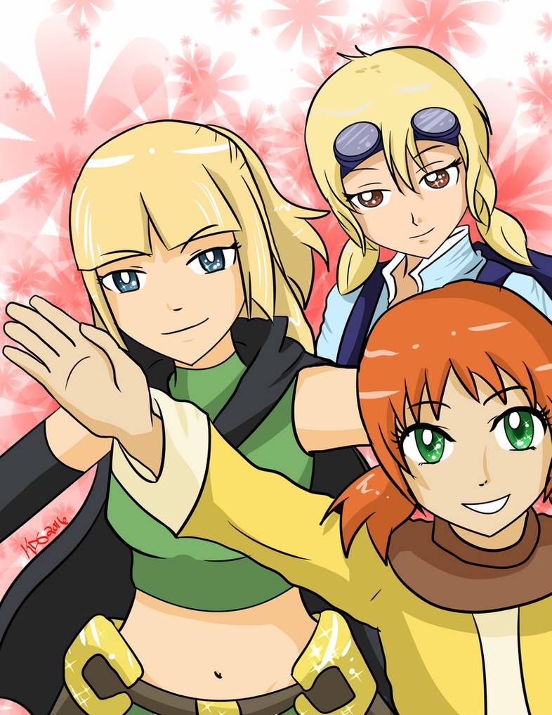 3girls bandanna blonde_hair blue_hair brown_eyes cape crystal_story crystal_story_ii female female_focus floral_background goggles green_hair koohii_(crystal_story) lina_(crystal_story) mari_(crystal_story) medium_breasts midriff navel orange_hair pigtails raised_arm raised_hand sheriff thief western