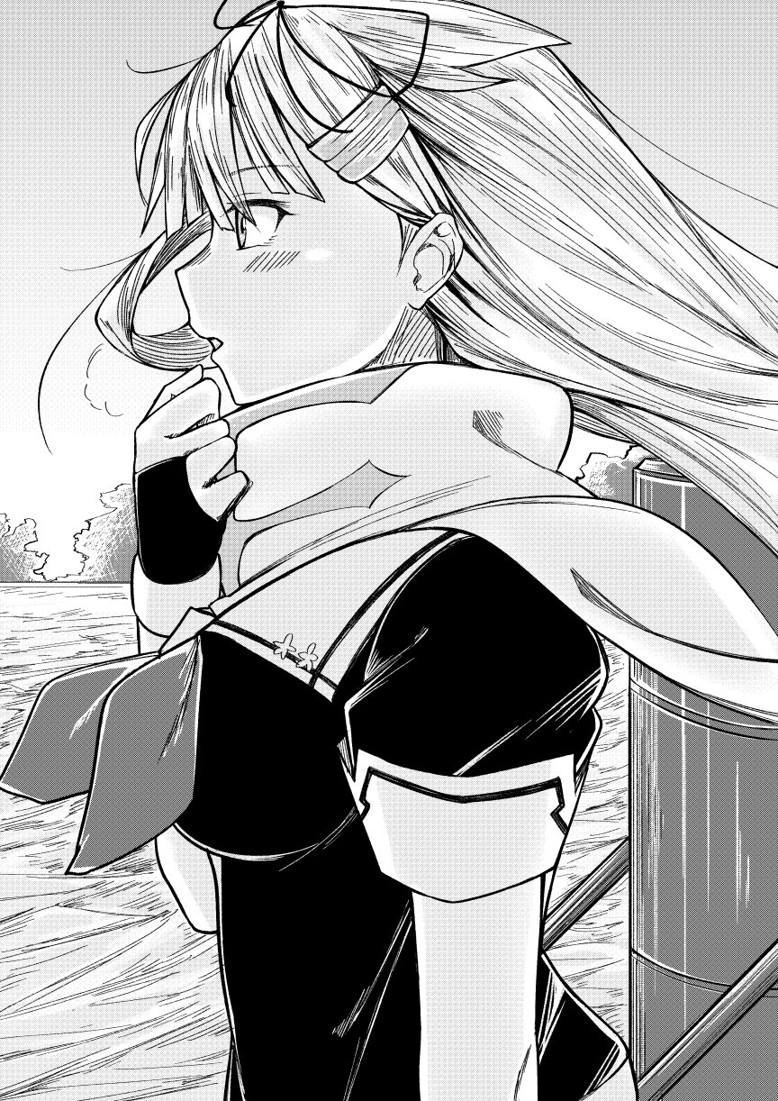 1girl dress fingerless_gloves gloves greyscale hair_flaps hair_ornament hair_ribbon hairclip highres kantai_collection long_hair monochrome neckerchief outdoors profile red_eyes remodel_(kantai_collection) ribbon rikkii_(likito_yuzu_is) sailor_dress scarf solo upper_body yuudachi_(kantai_collection)