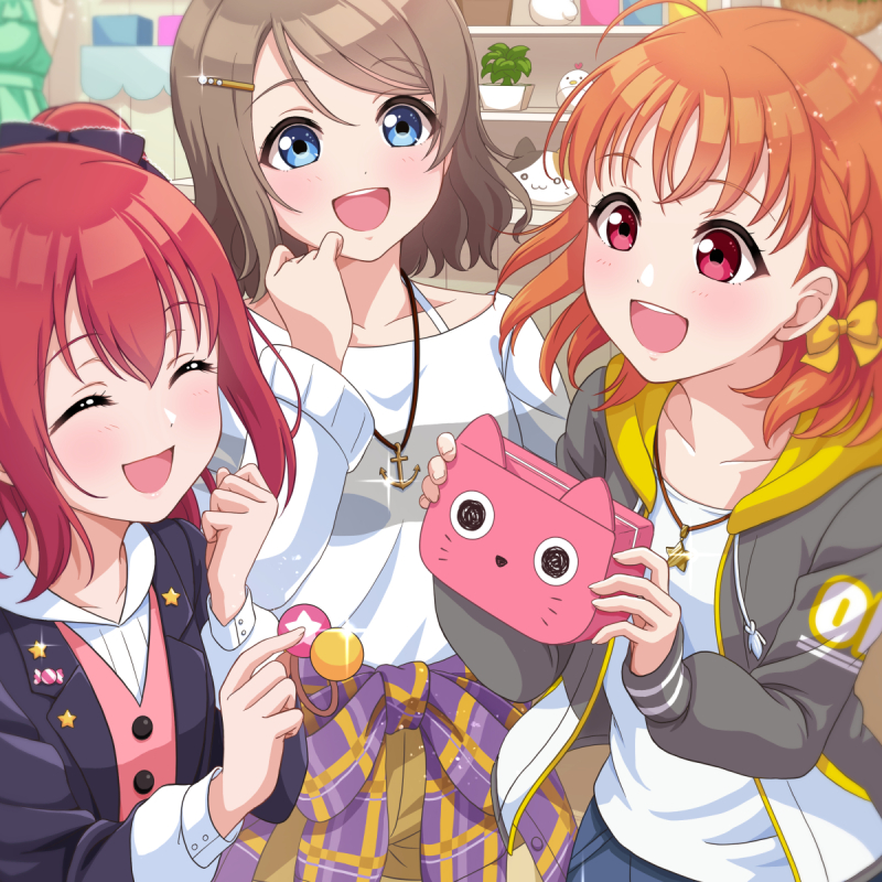 3girls blue_eyes blush casual cyaron_(love_live!) grey_hair kurosawa_ruby love_live! love_live!_sunshine!! multiple_girls necocafe_lili open_mouth orange_hair red_eyes redhead smile takami_chika watanabe_you