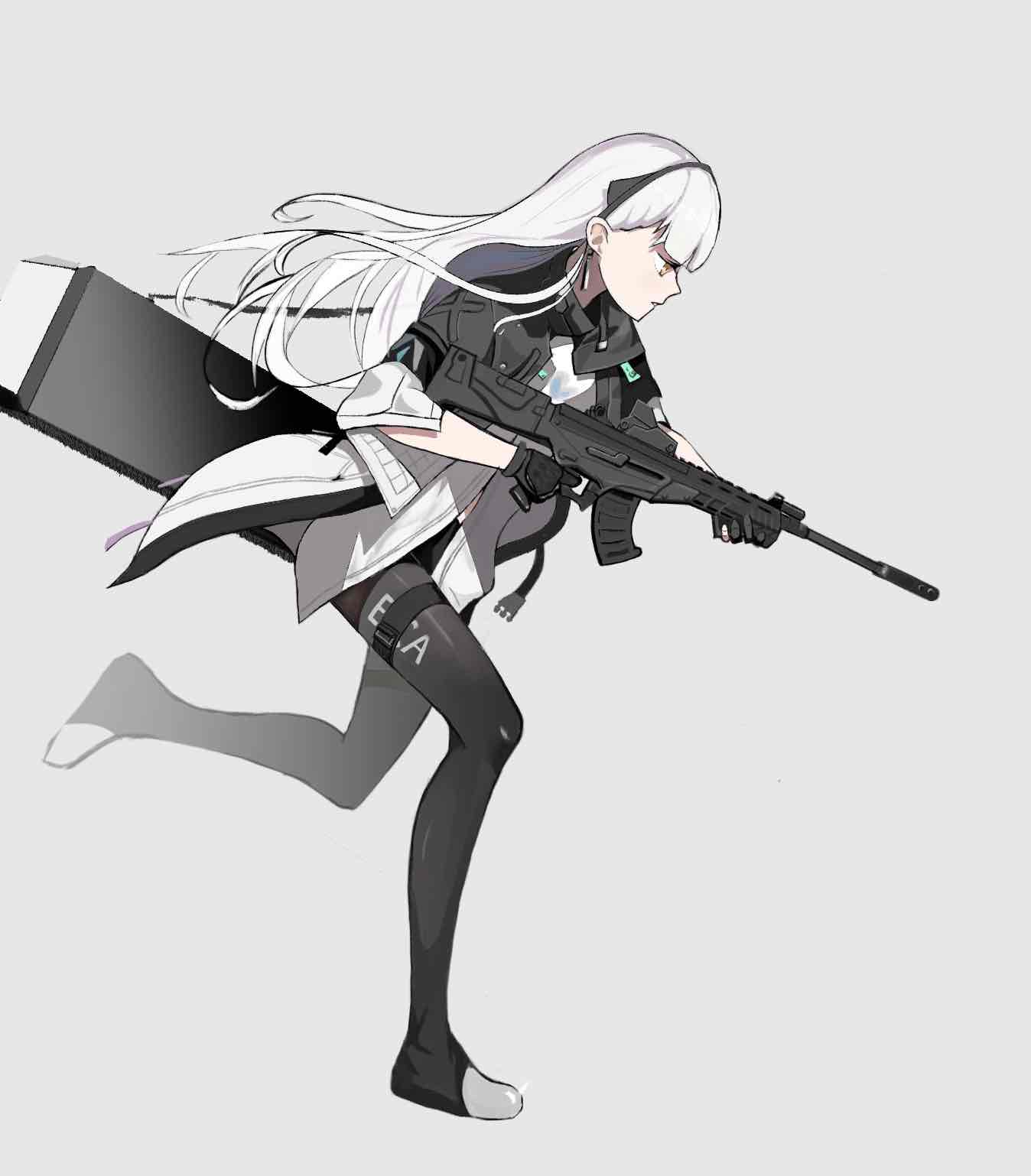 1girl ak-alfa ak-alfa_(girls_frontline) black_gloves closed_mouth earrings eyebrows_visible_through_hair girls_frontline gloves grey_background gun hair_ribbon hand_on_weapon highres holding holding_weapon jacket jewelry kimozzz long_hair looking_down pants profile ribbon rifle running silver_hair solo thigh-highs weapon weapon_case yellow_eyes