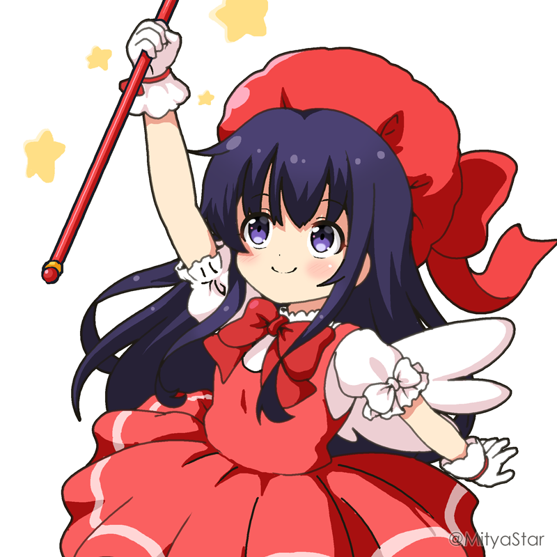 1girl akatsuki_(kantai_collection) arm_up bangs blush bow cardcaptor_sakura closed_mouth commentary_request cosplay dress eyebrows_visible_through_hair gloves hair_between_eyes holding kantai_collection kinomoto_sakura kinomoto_sakura_(cosplay) long_hair miicha pleated_dress puffy_short_sleeves puffy_sleeves purple_hair red_dress red_headwear shirt short_sleeves simple_background sleeveless sleeveless_dress smile solo star_(symbol) twitter_username very_long_hair violet_eyes white_background white_bow white_gloves white_shirt white_wings wings