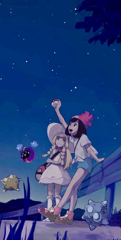 2girls :d aono_wo arm_up bag bangs beanie blonde_hair blunt_bangs braid cosmog dress duffel_bag floral_print full_body green_eyes green_shorts hat holding holding_poke_ball kneehighs lillie_(pokemon) long_hair looking_up minior multiple_girls night open_mouth poke_ball pokemon pokemon_(game) pokemon_sm red_headwear selene_(pokemon) shirt shoes short_shorts short_sleeves shorts sleeveless sleeveless_dress smile sneakers sun_hat t-shirt tied_shirt twin_braids white_dress white_headwear white_legwear