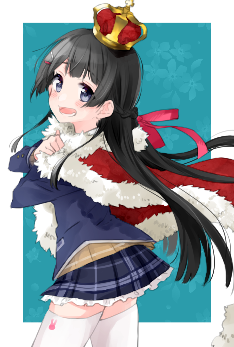 1girl :d birthday black_hair blue_eyes blue_jacket blue_skirt blush box braid c cake capelet crown eyebrows_visible_through_hair food french_braid fruit fur-trimmed_capelet fur_trim hair_ornament hairclip highres jacket long_hair looking_at_viewer mini_crown myama nijisanji open_mouth open_mouthplaid plaid plaid_skirt red_capelet school_uniform skirt smile solo strawberry thigh-highs tsukino_mito vest violet_eyes white_legwear zettai_ryouiki