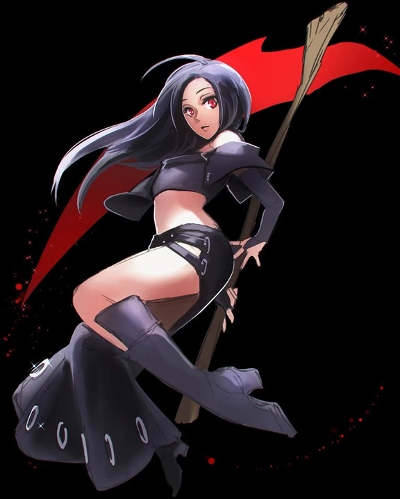 1boy bare_shoulders black_hair boots choker fingerless_gloves gloves guilty_gear guilty_gear_xx long_hair red_eyes scythe sei testament_(guilty_gear) thigh_strap