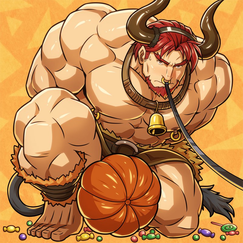 1boy abs bara bare_chest bell bound bound_wrists brown_eyes brown_shorts candy chest cow_bell cow_boy cow_horns cow_tail dorcas_(fire_emblem) facial_hair fire_emblem fire_emblem:_the_blazing_blade fire_emblem_heroes food full_body goatee halloween halloween_costume horns male_focus manly minotaur monster_boy muscle nipple_piercing nipples nose_piercing original piercing pumpkin redhead short_hair shorts sideburns solo tail thick_thighs thighs zelo-lee