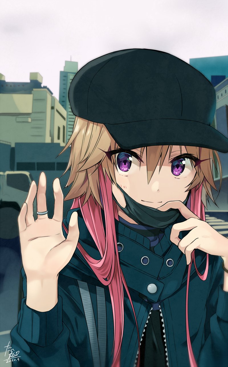 1girl black_headwear bracelet brown_hair city commentary_request dated hat highres idolmaster idolmaster_cinderella_girls jacket jewelry looking_at_viewer mask mask_pull mouth_mask multicolored_hair ninomiya_asuka pink_hair ring short_hair_with_long_locks signature smile solo tarachine two-tone_hair violet_eyes waving