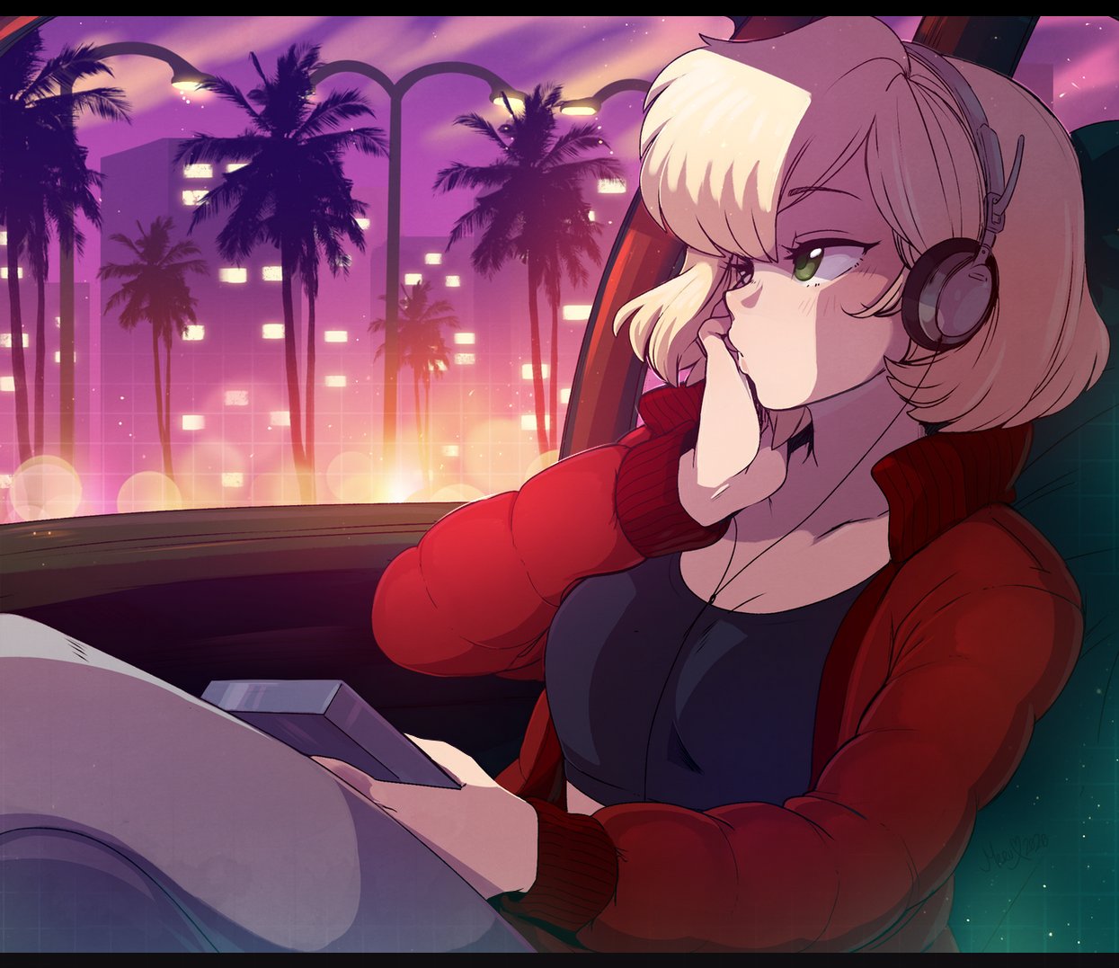 1girl blonde_hair borrowed_character breasts building car_interior city commentary crop_top crossed_legs english_commentary green_eyes hand_on_own_face headphones jacket long_sleeves looking_away merunyaa original palm_tree red_jacket sammy_(bestsammy) short_hair sitting small_breasts solo sunset tree