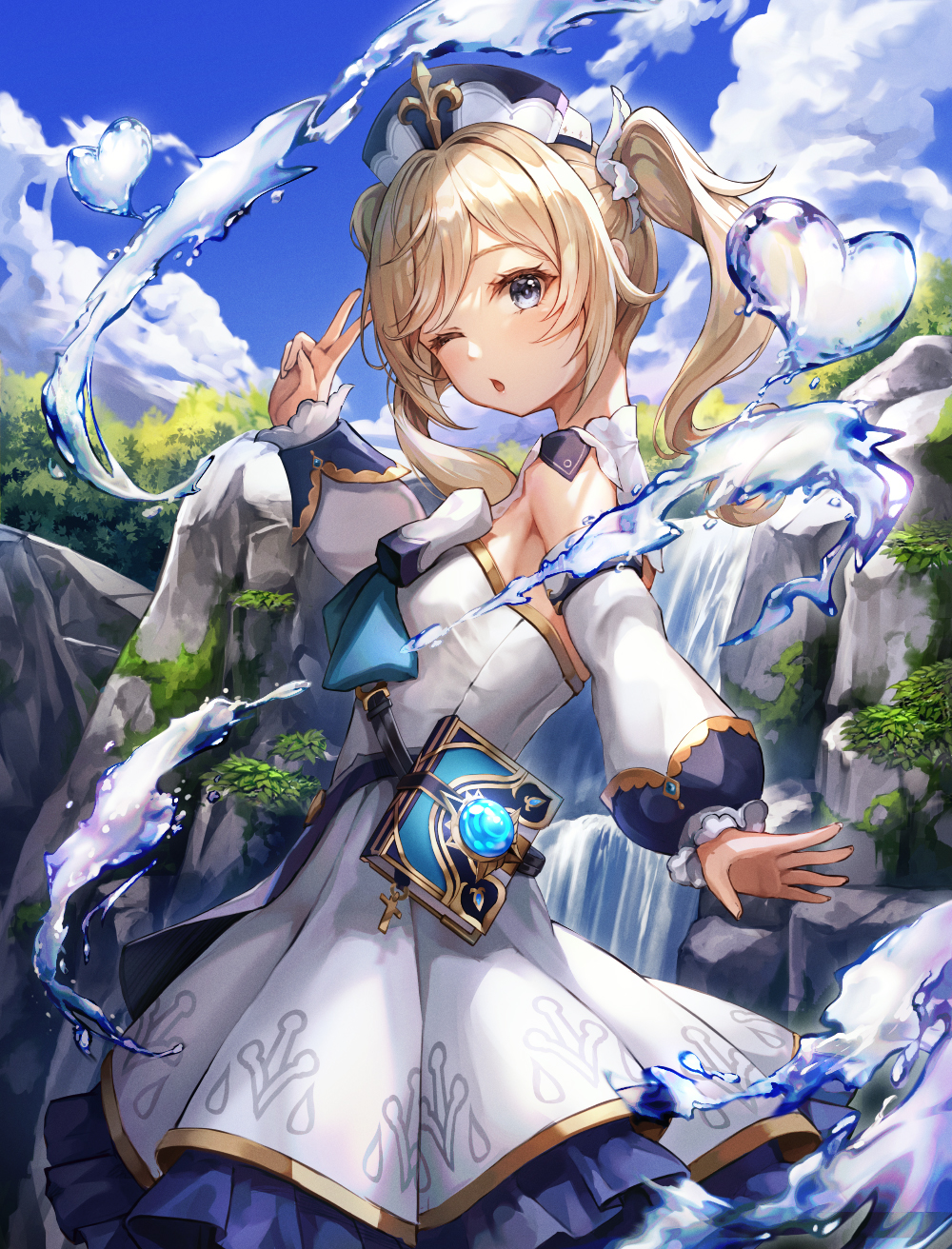 1girl barbara_(genshin_impact) bare_shoulders blue_eyes blue_sky brown_hair clouds day detached_sleeves dress genshin_impact gold_trim hair_ornament hand_up hat heart highres long_hair long_sleeves looking_at_viewer lunacle nature one_eye_closed outdoors parted_lips puffy_sleeves sky solo standing twintails v water waterfall white_dress white_headwear