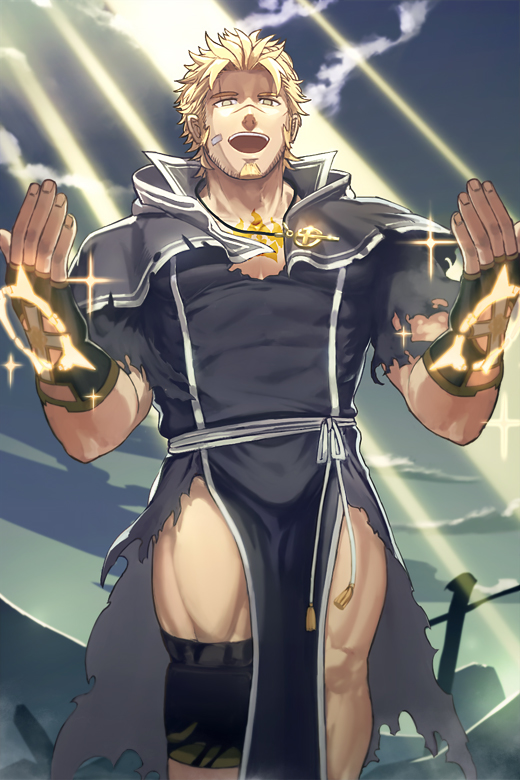 1boy bara blonde_hair bulge chest cleavage_cutout clothing_cutout facial_hair feet_out_of_frame fingerless_gloves gloves goatee jacob_(tokyo_houkago_summoners) kumo_(uchi_4g) male_focus manly muscle open_mouth pelvic_curtain praying short_hair sideburns solo sunlight thick_thighs thigh_cutout thighs tokyo_houkago_summoners torn_clothes