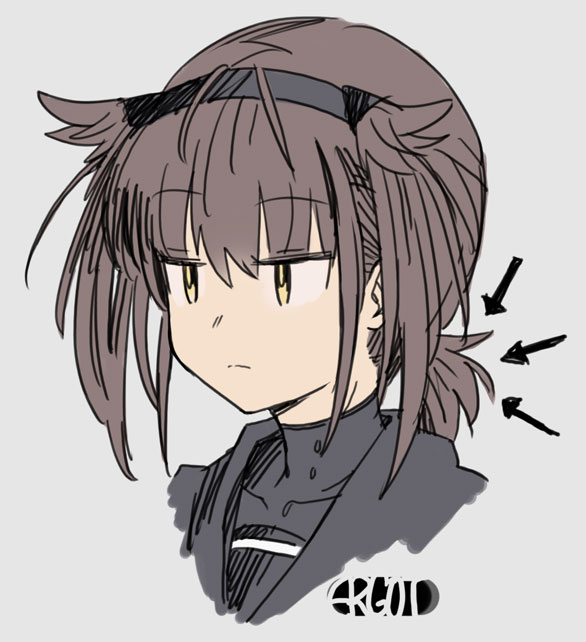 1girl arrow_(symbol) artist_name black_sailor_collar brown_hair closed_mouth ergot eyebrows_visible_through_hair grey_background hair_flaps hatsuzuki_(kantai_collection) kantai_collection portrait sailor_collar short_hair signature simple_background solo yellow_eyes