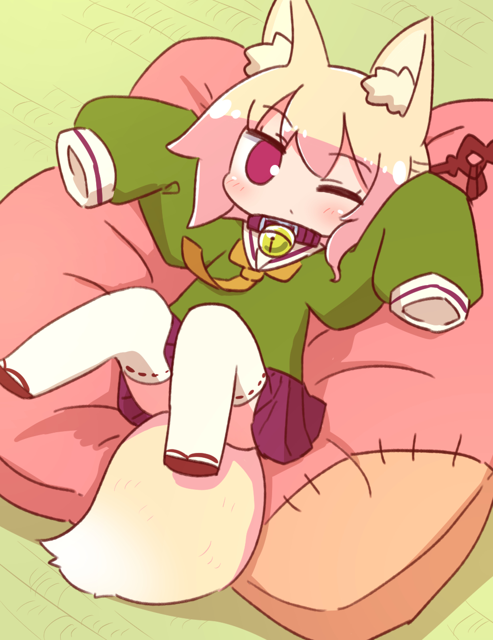 1girl animal_ear_fluff animal_ears bangs bell bell_collar blonde_hair blush brown_collar brown_footwear collar commentary_request convenient_leg eyebrows_visible_through_hair fox_ears fox_girl fox_tail green_shirt hair_between_eyes hair_ornament hands_up highres legs_up long_hair long_sleeves looking_at_viewer lying naga_u on_back one_eye_closed orange_neckwear original pillow pleated_skirt purple_skirt ribbon-trimmed_legwear ribbon_trim sailor_collar shirt sidelocks skirt sleeves_past_fingers sleeves_past_wrists solo stitches tail tatami thigh-highs violet_eyes white_legwear white_sailor_collar zouri