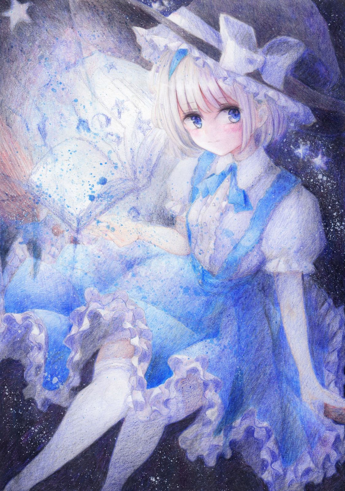 alice_margatroid blue_dress blue_eyes blue_skirt blush bob_cut breasts broom broom_riding colored_pencil_(medium) darkkanan dress graphite_(medium) hat highres looking_at_viewer medium_breasts short_hair sitting skirt suspender_skirt suspenders thigh-highs touhou traditional_media watercolor_(medium) white_hair white_legwear witch_hat