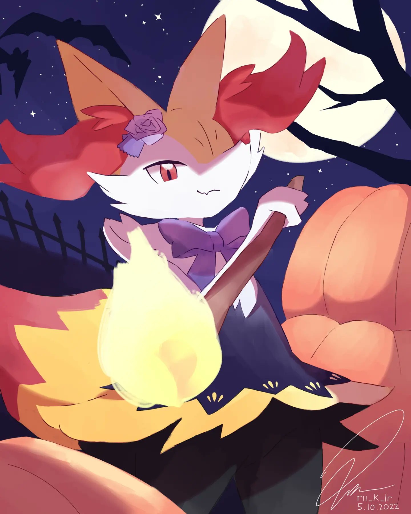 1girl :3 animal_ear_fluff animal_ears animal_nose artist_name bare_tree bat_(animal) black_fur blue_dress body_fur bow bowtie braixen closed_mouth clothed_pokemon commentary cowboy_shot dated dress english_commentary fang fence fire flat_chest flower fox_ears fox_girl fox_tail full_moon furry furry_female hair_flower hair_ornament halloween hand_up happy highres holding holding_stick looking_at_viewer moon multicolored_fur night outdoors pink_flower pink_rose pokemon pokemon_(creature) pokemon_cafe_mix pumpkin purple_bow purple_bowtie red_eyes red_fur red_nose rii_(rii_k_lr) rose short_dress sideways_mouth signature skin_fang sky smile snout solo standing star_(sky) starry_sky stick tail tree tsurime underlighting white_fur yellow_fur