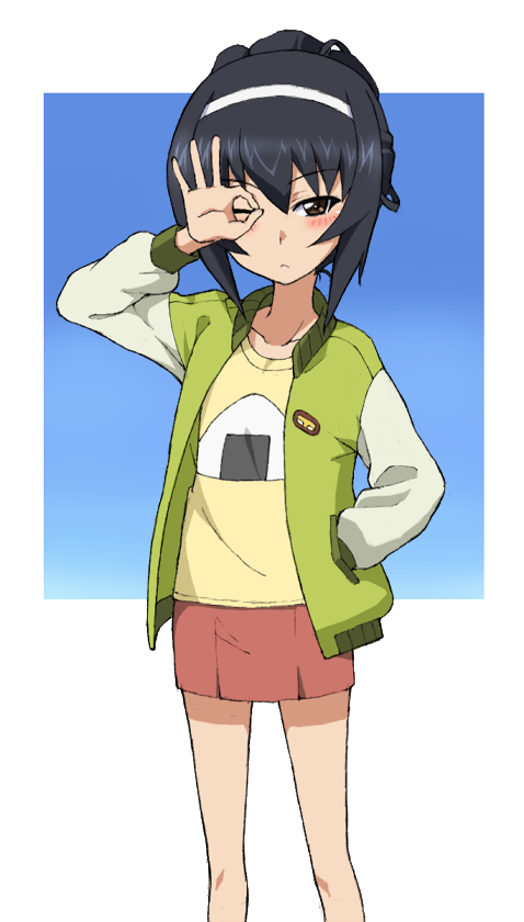 1girl alternate_hairstyle bangs black_hair brown_eyes casual closed_mouth commentary cowboy_shot frown girls_und_panzer green_jacket hair_up hairband half-closed_eye hand_in_pocket jacket kayabakoro letterman_jacket looking_at_viewer miniskirt ok_sign one_eye_closed onigiri_print open_clothes open_jacket outside_border print_shirt red_skirt reizei_mako shirt short_hair skirt solo white_hairband yellow_shirt