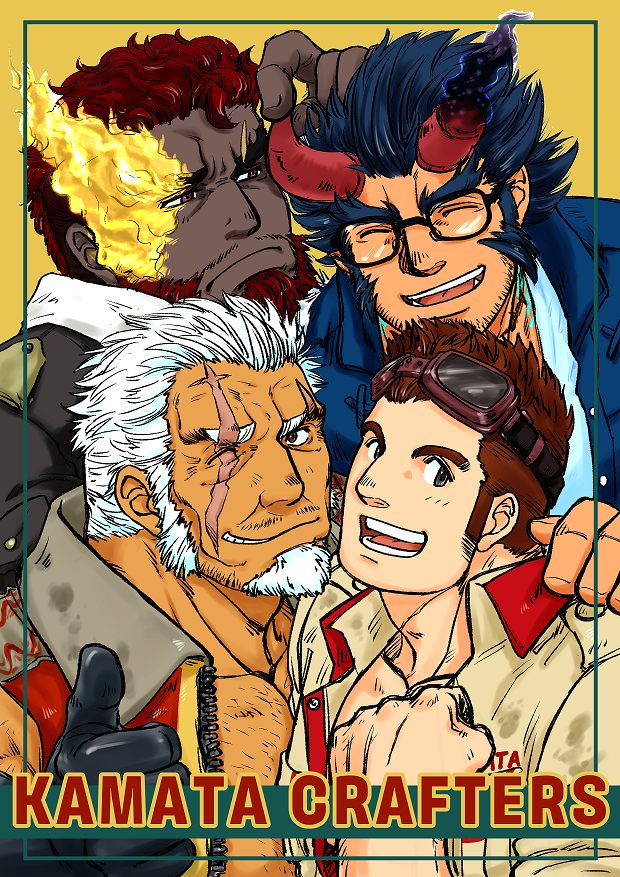 4boys ^_^ bara bare_chest beard brown_eyes brown_hair character_request chest chest_hair clenched_hand closed_eyes dark_blue_hair english_text facial_hair facial_scar flaming_eye glasses goatee goggles goggles_on_head hephaestus_(tokyo_houkago_summoners) kumagamike kurogane_(tokyo_houkago_summoners) male_focus manly multiple_boys muscle one_eye_closed red_eyes scar short_hair sideburns takemaru_(tokyo_houkago_summoners) thumbs_up tokyo_houkago_summoners upper_body white_hair
