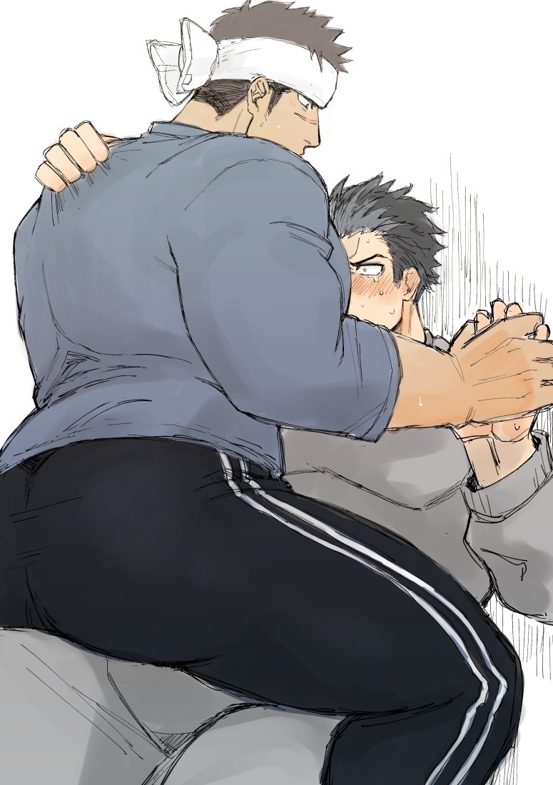 2boys ass bara blush borrowed_character couple facial_hair feet_out_of_frame flustered harada_(basashi) headband holding_hands jacket male_focus multiple_boys muscle original pants short_hair sideburns sitting sitting_on_person sketch sweatdrop thick_thighs thighs track_jacket track_pants yaoi