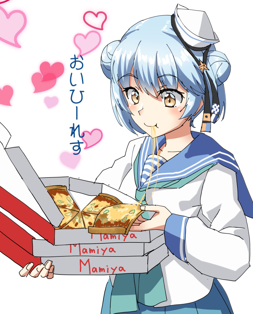 1girl aqua_neckwear aqua_skirt black_ribbon blue_hair blue_sailor_collar dixie_cup_hat double_bun eating food hat hat_ribbon heart kantai_collection long_sleeves mayura2002 military_hat neckerchief pizza pleated_skirt ribbon sailor_collar samuel_b._roberts_(kantai_collection) school_uniform serafuku shirt short_hair simple_background skirt sleeve_cuffs solo translation_request upper_body white_background white_shirt yellow_eyes