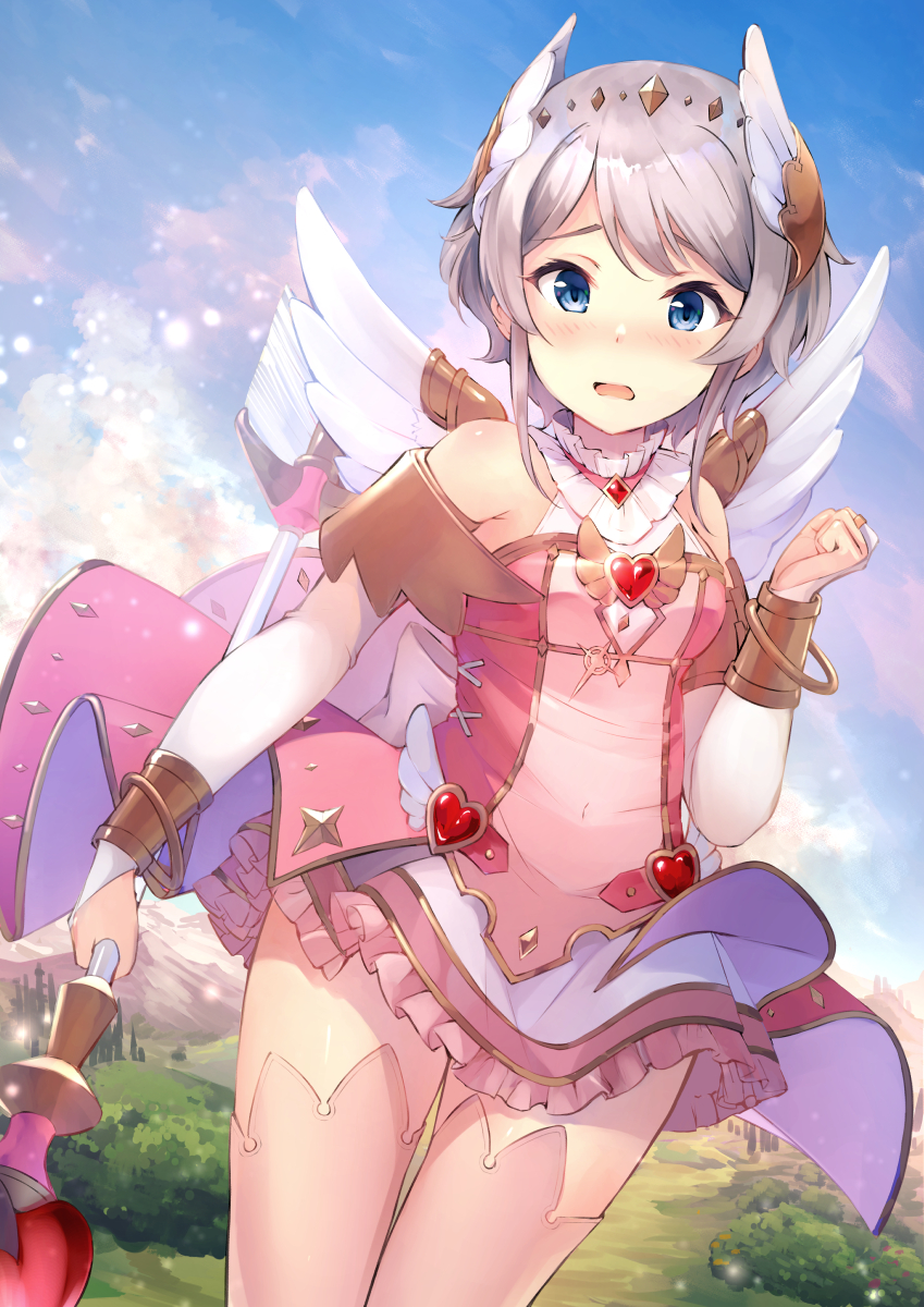 1girl angel_wings back_bow blue_eyes blush bow bridal_gauntlets clenched_hand commentary_request cowengium dress frills grey_hair hand_up head_wings heart highres holding holding_staff looking_at_viewer navel nose_blush open_mouth outdoors overskirt princess_connect! princess_connect!_re:dive short_hair_with_long_locks solo staff thigh-highs wings yori_(princess_connect!)
