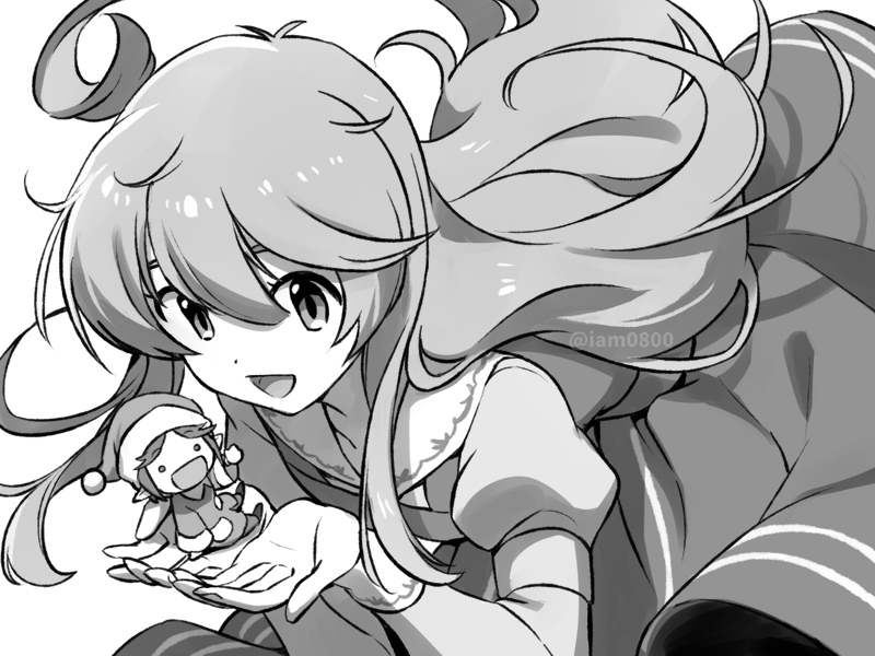 1girl :d ahoge commentary_request dress fairy_(jintai) floating_hair grey_background greyscale hair_between_eyes hat in_palm jinrui_wa_suitai_shimashita juliet_sleeves long_hair long_sleeves looking_at_viewer monochrome open_mouth pointy_ears puffy_sleeves sailor_collar sayshownen shiny shiny_hair shirt size_difference smile solid_circle_eyes twitter_username watashi_(jintai) watermark