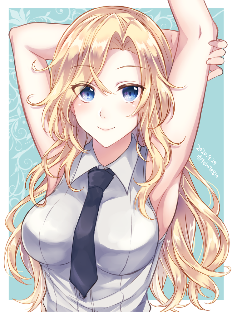 1girl armpits blonde_hair blue_eyes breasts closed_mouth collared_shirt dated eyebrows_visible_through_hair hornet_(kantai_collection) kabocha_torute kantai_collection large_breasts long_hair looking_at_viewer shirt sleeveless sleeveless_shirt smile solo twitter_username upper_body white_shirt