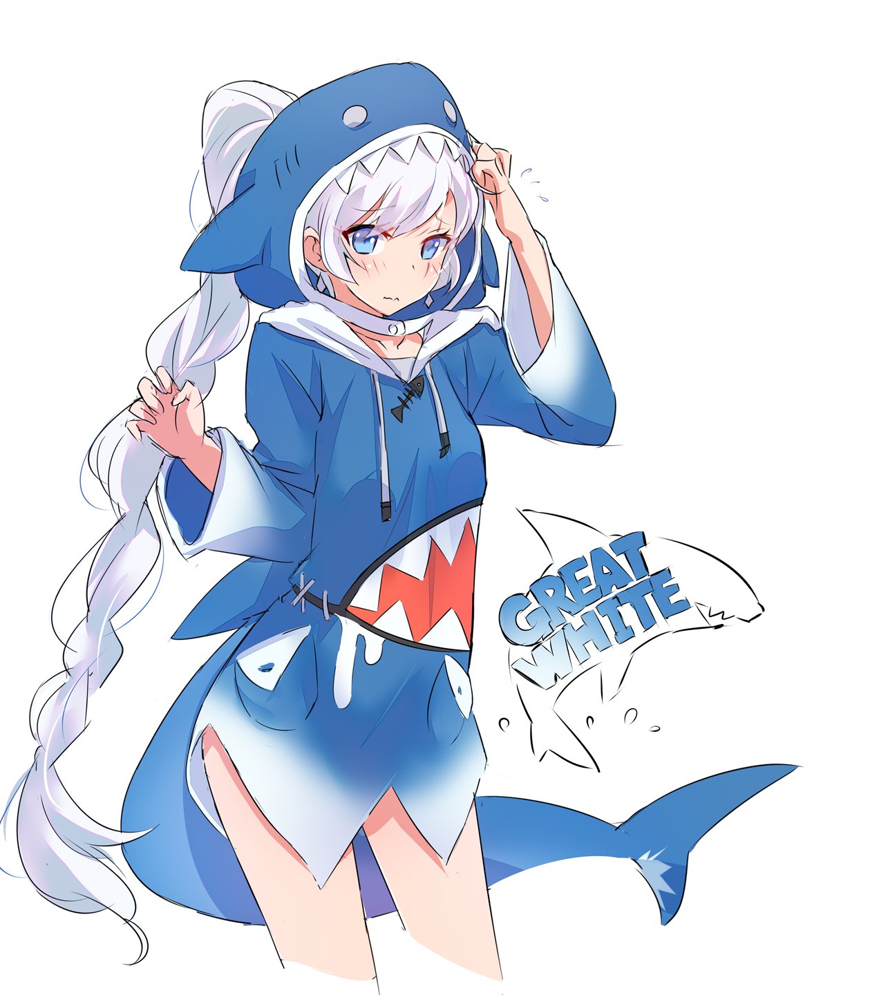 1girl blue_eyes blue_hoodie cosplay earrings gawr_gura gawr_gura_(cosplay) highres hololive hololive_english iesupa jewelry long_hair ponytail rwby scar scar_across_eye shark shark_costume shark_girl shark_hood shark_print shark_tail silver_hair tail virtual_youtuber weiss_schnee white_hair