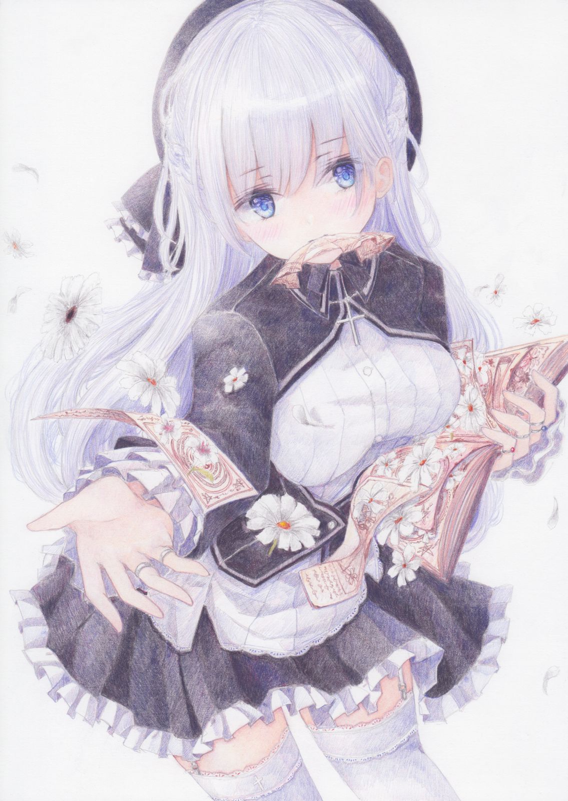 1girl blue_eyes blush breasts colored_pencil_(medium) darkkanan dress eyes_visible_through_hair garter_straps garters graphite_(medium) hat highres large_breasts long_hair looking_at_viewer original solo standing thigh-highs traditional_media white_hair white_legwear