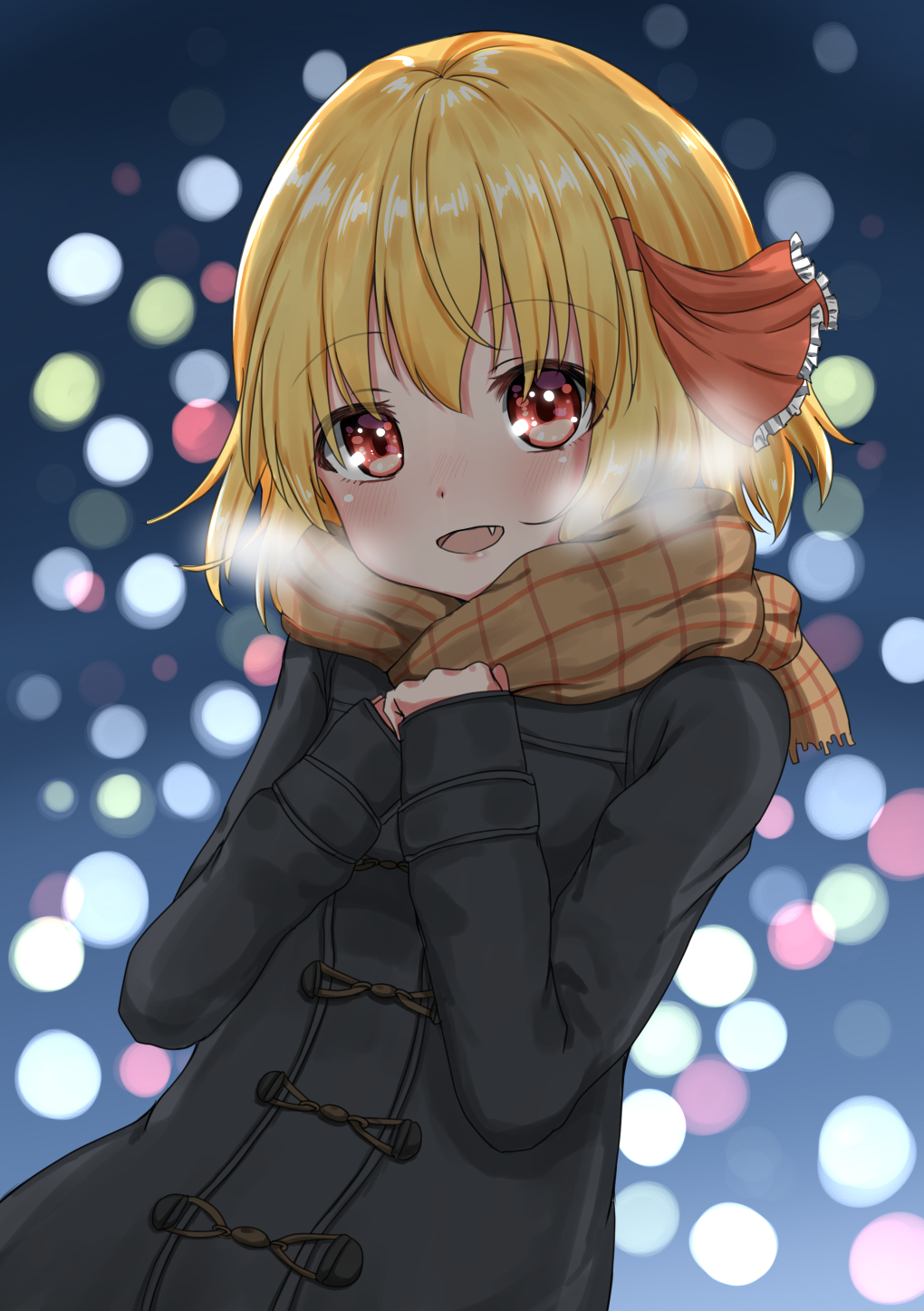 1girl :d alternate_costume black_coat blonde_hair blurry blush bokeh breath coat commentary_request depth_of_field dutch_angle eyebrows_visible_through_hair eyes_visible_through_hair fang gradient gradient_background hair_ribbon hands_together highres looking_at_viewer medium_hair nose_blush open_mouth plaid plaid_scarf red_eyes red_ribbon ribbon rumia scarf scarlet_mirin smile touhou upper_body