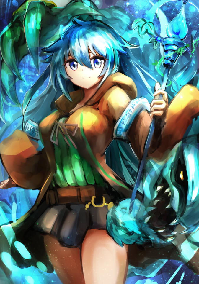 1girl belt blue_eyes blue_hair breasts brown_robe claws duel_monster eria gagagigo green_sweater hair_between_eyes hatano_kiyoshi holding holding_staff hood hood_down hooded_robe lizardman long_hair medium_breasts open_clothes open_mouth open_robe pom_pom_(clothes) ribbed_sweater ribbon robe sharp_teeth skirt smile staff sweater teeth yellow_eyes yu-gi-oh!